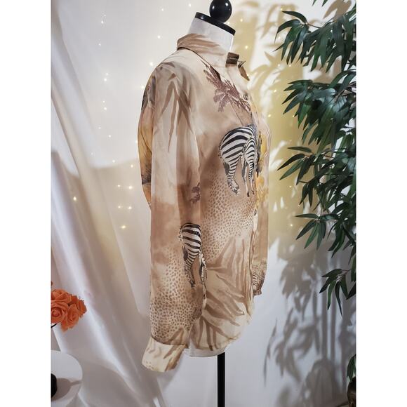 Vtg 80s Sea Suns Sheer Safari Zebra Animal Print Button Blouse Womens Size M - Picture 4 of 10